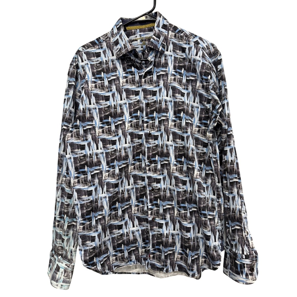 Luchiano Visconti Black Mens L Abstract Brushstroke Button Down Shirt Blue White